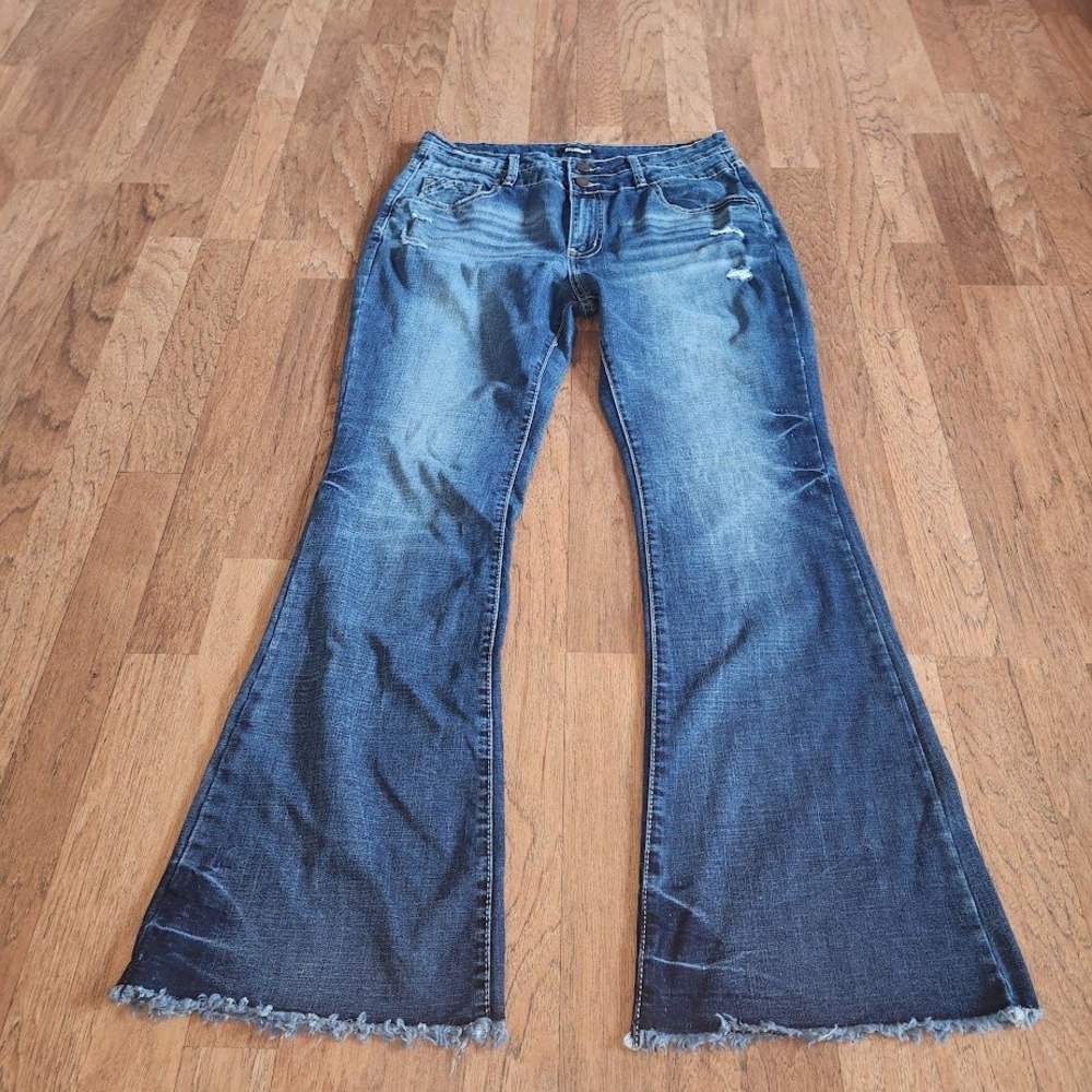 Flamingo Womens High Waisted Flare Jeans Distressed Raw Hem Medium Wash Size 29